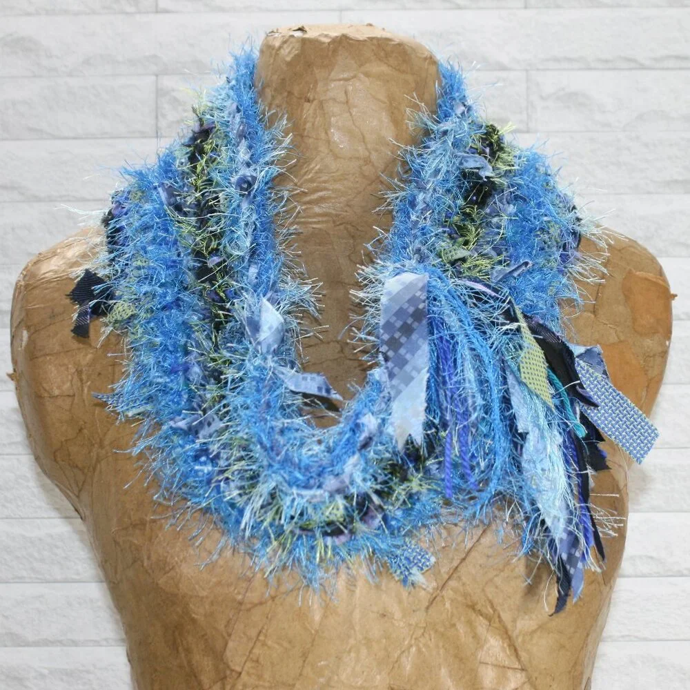 HAND CRAFTED Scarf Upcycled Crochet Infinity Oversized Fuzzy Necktie Blue Stripe